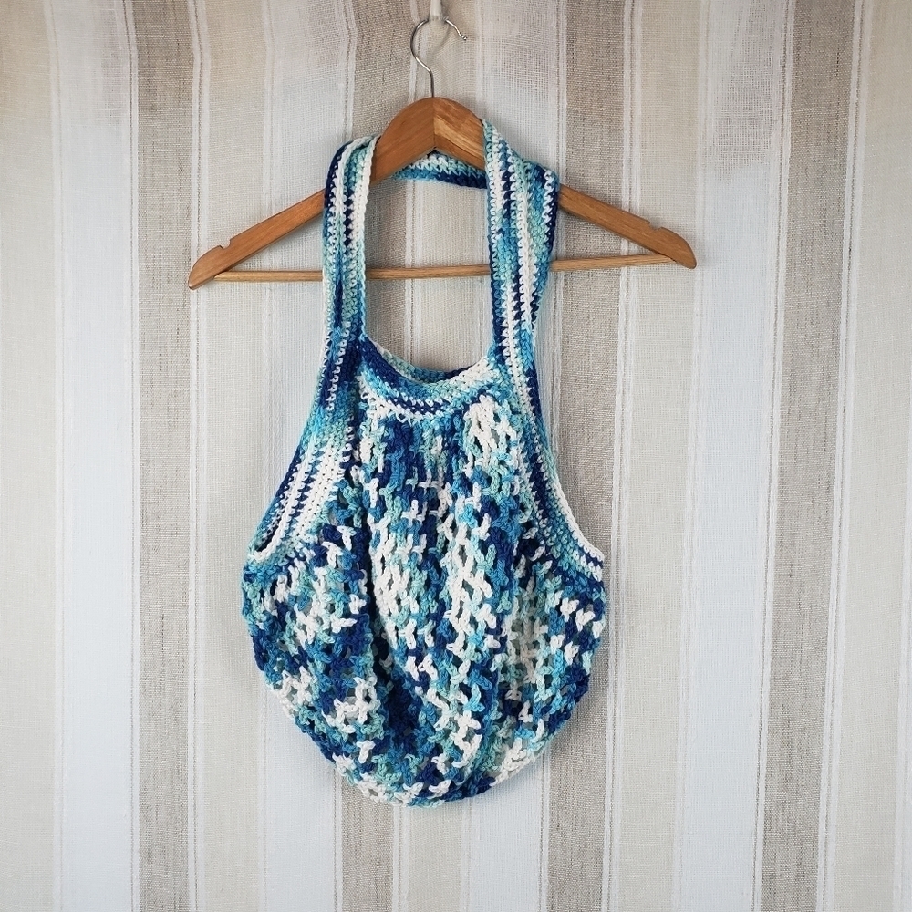 Handmade Crochet Knitted‎ Shoulder Bag Purse Blue Vintage